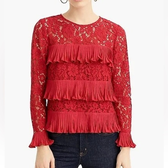 J. Crew Tops - J. Crew Red Lace Blouse with Ruffle Details
